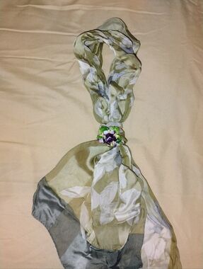 Adrienne Vittadini Olive, Cream and Gray Floral Oblong Scarf with Flower Brooch
